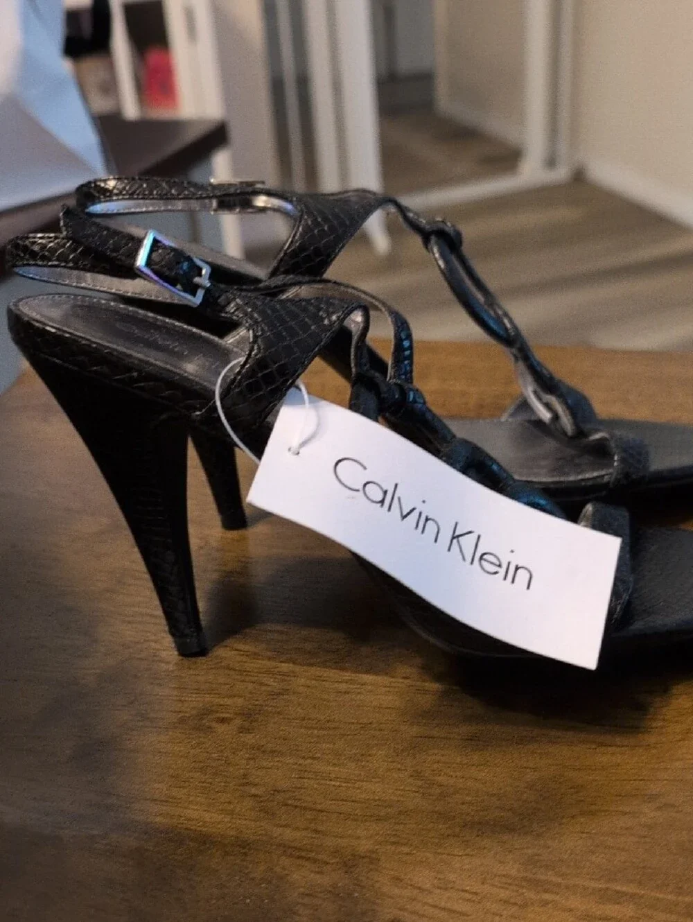 Calvin Klein Black Textured Slingback Sandals With Heels with Ring Detail